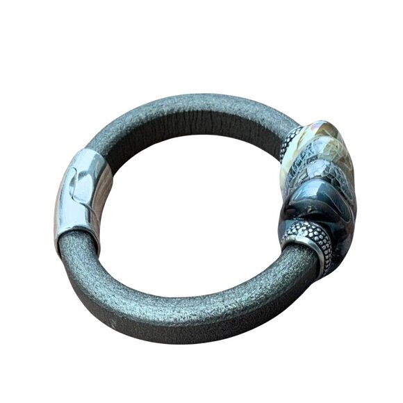 Artisan Leather Cuff Bracelet Ceramic Focal Beads Magnetic Closure - Picture 4 of 5